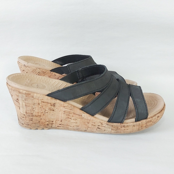 Crocs Women Wedge A-Leigh Cork Heel Black Strappy Slide Slip-on Sandals Size 10 - Picture 3 of 9